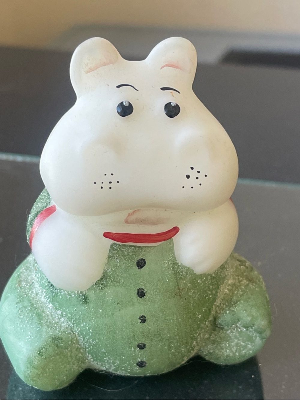 Fenton glass White Hippo Figurine with Green sparkling pajamas